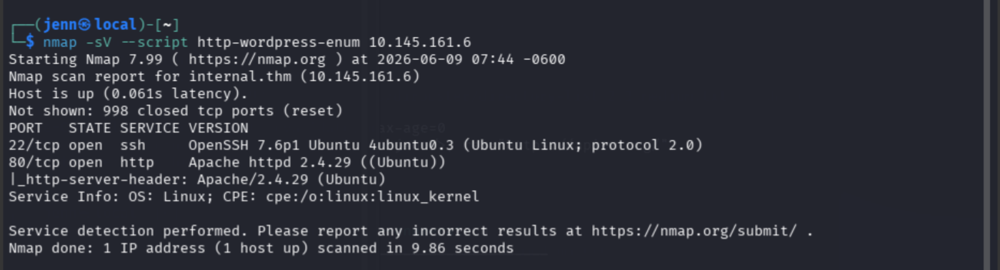 nmap http-wordpress-enum script results for internal.thm